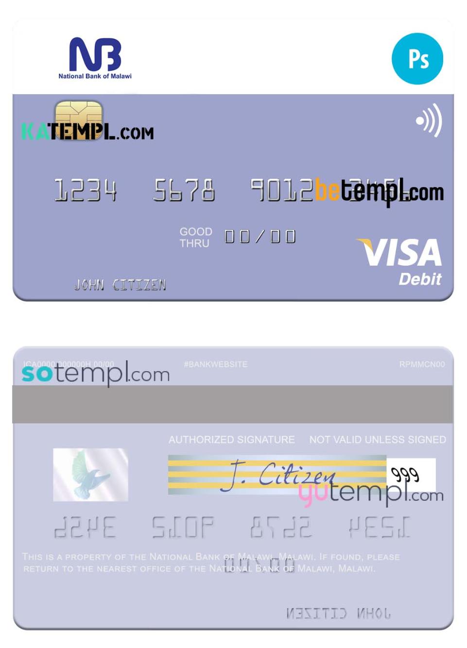 Malawi National Bank visa card fully editable template in PSD format